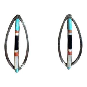 Vtg Navajo F. Barney Sterling Coral Turquoise Onyx Coral Inlay Pierced Earrings